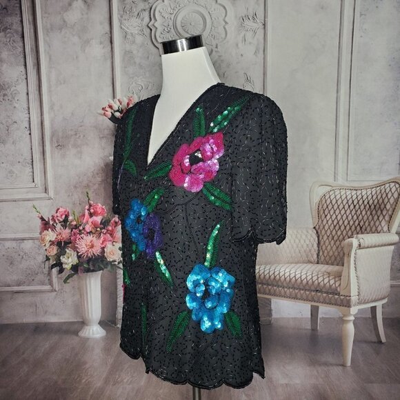 LAWRENCE Kazar 100% Pure Silk Black Lined Sequins Beads Party Blouse Size Medium - Picture 5 of 9